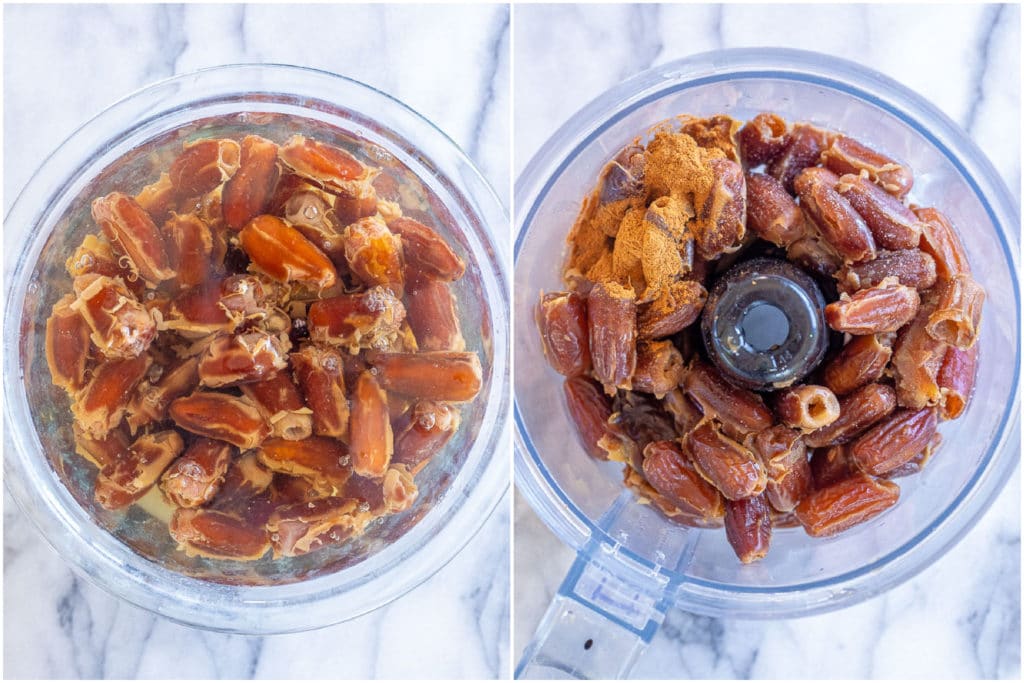 a bowl of dates soaking in hot water and then in a food processor showing how to make date paste