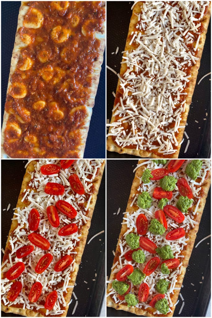 showing step by step directions how to make this tomato pesto pizza