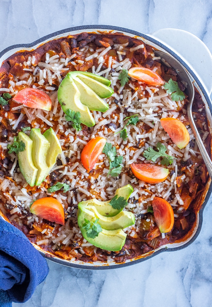 pumpkin skillet enchiladas with all the toppings