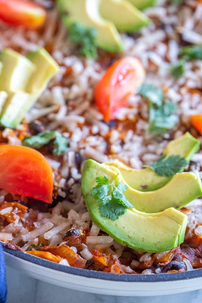 close up of this pumpkin skillet enchilada recipe