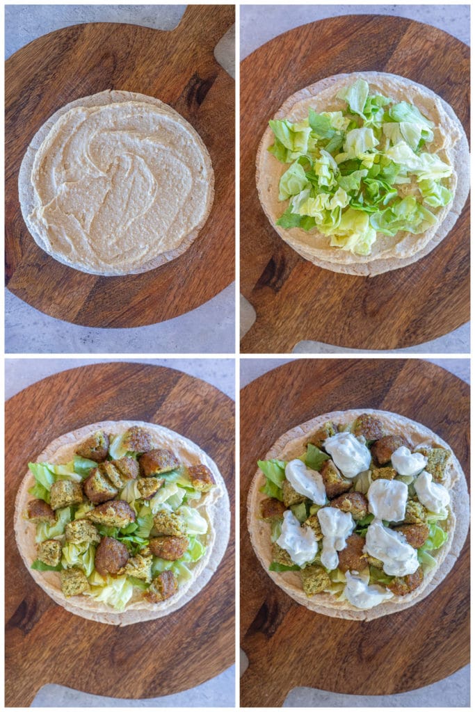 showing how to make vegan falafel pitas in four easy steps