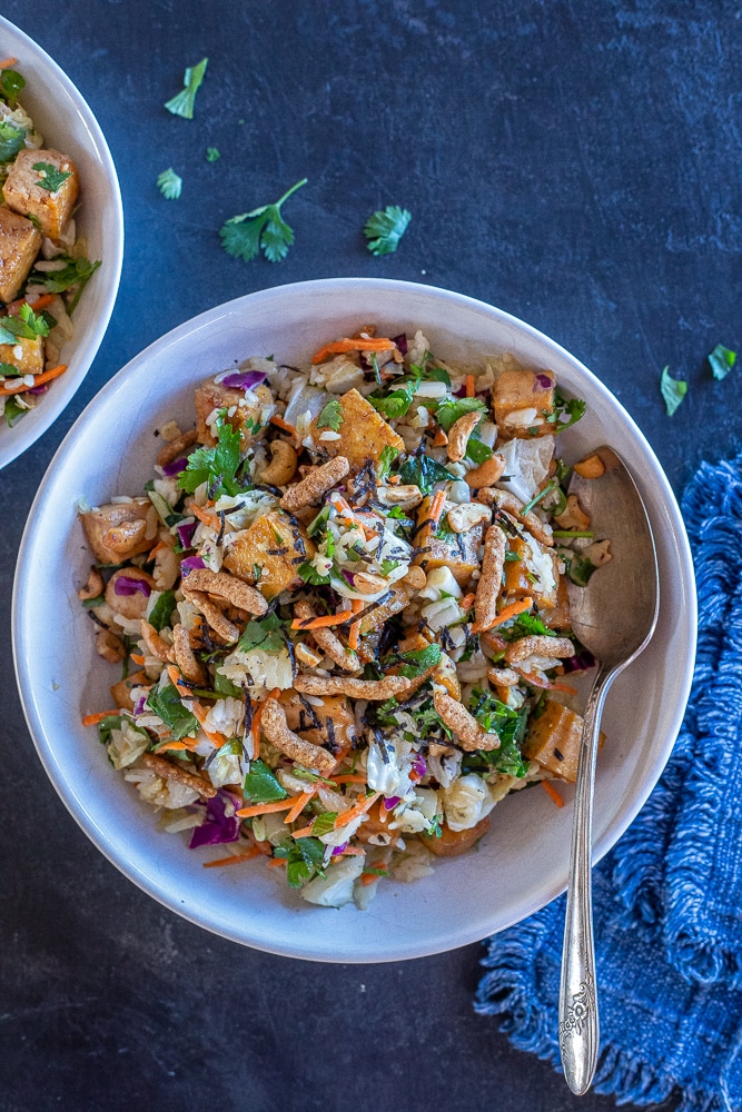 flat lay photo of a bowl of sesame crunch salad 