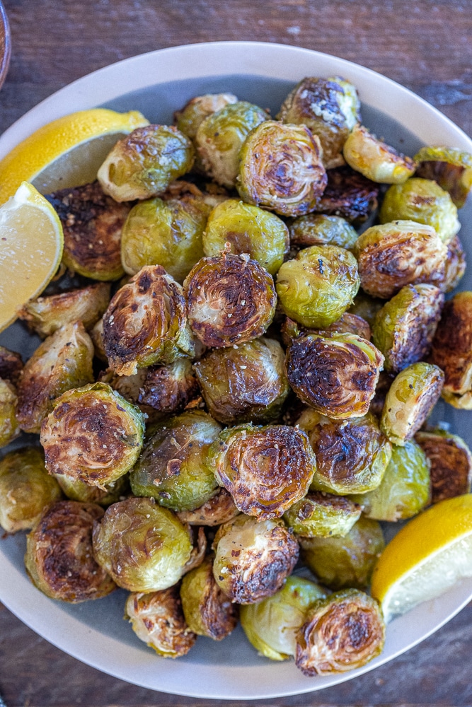 plate of lemon pepper Roasted Brussels sprouts