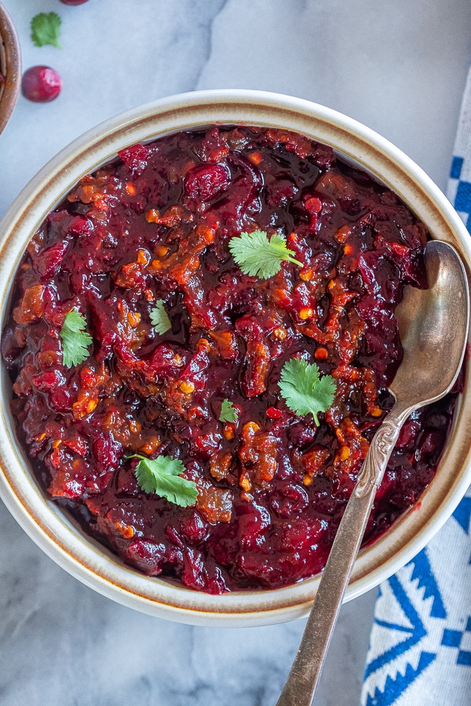 homemade cranberry sauce in a bowl with a spoon