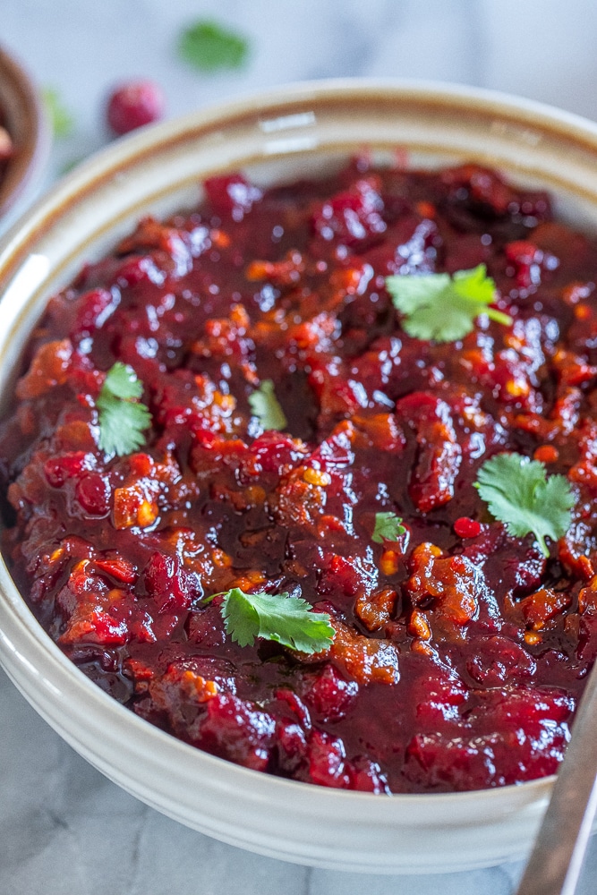 close up of chipotle cranberry sauce in a bowl