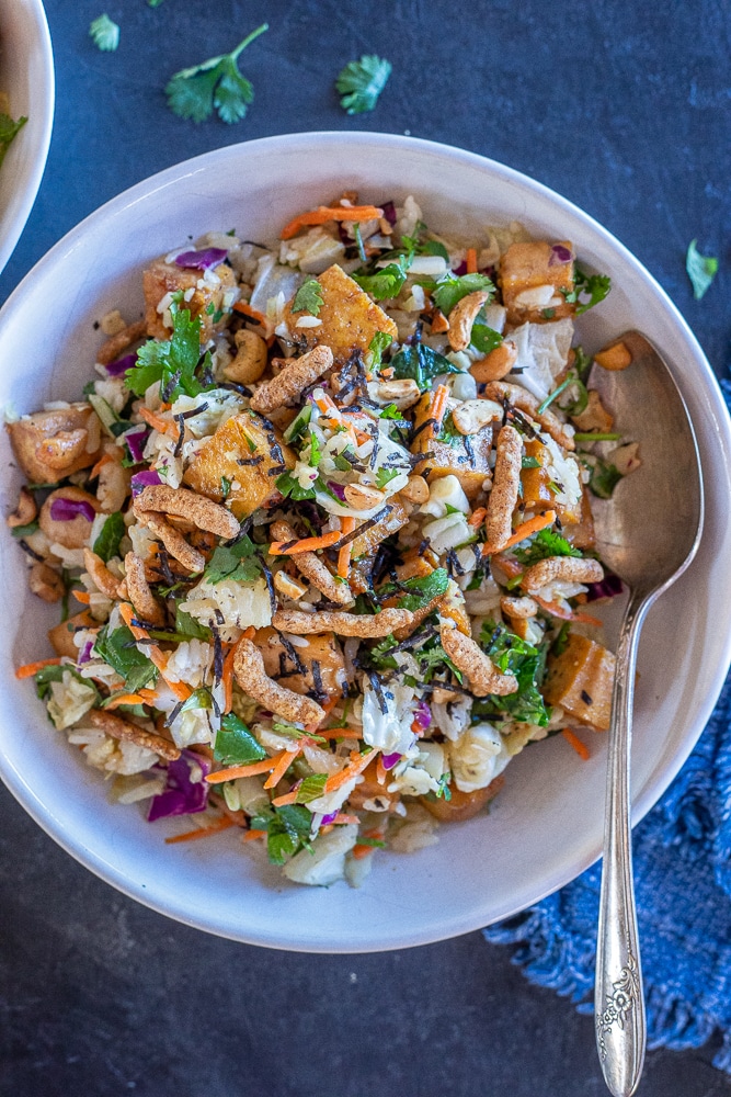 a big bowl of sesame crunch salad in a bowl