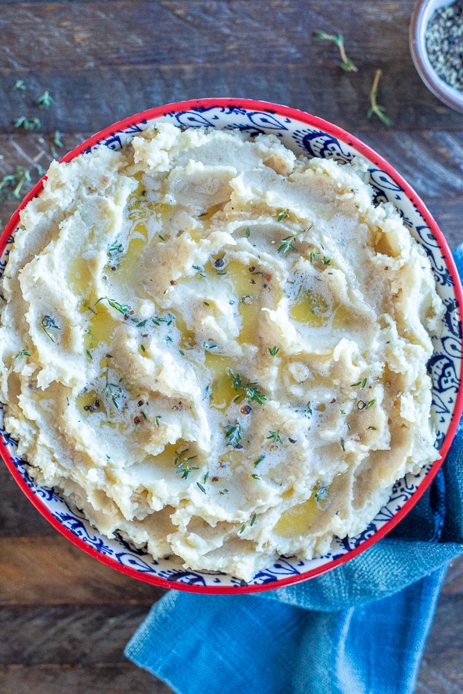 big bowl of caramelized onion and goat cheese mashed potatoes