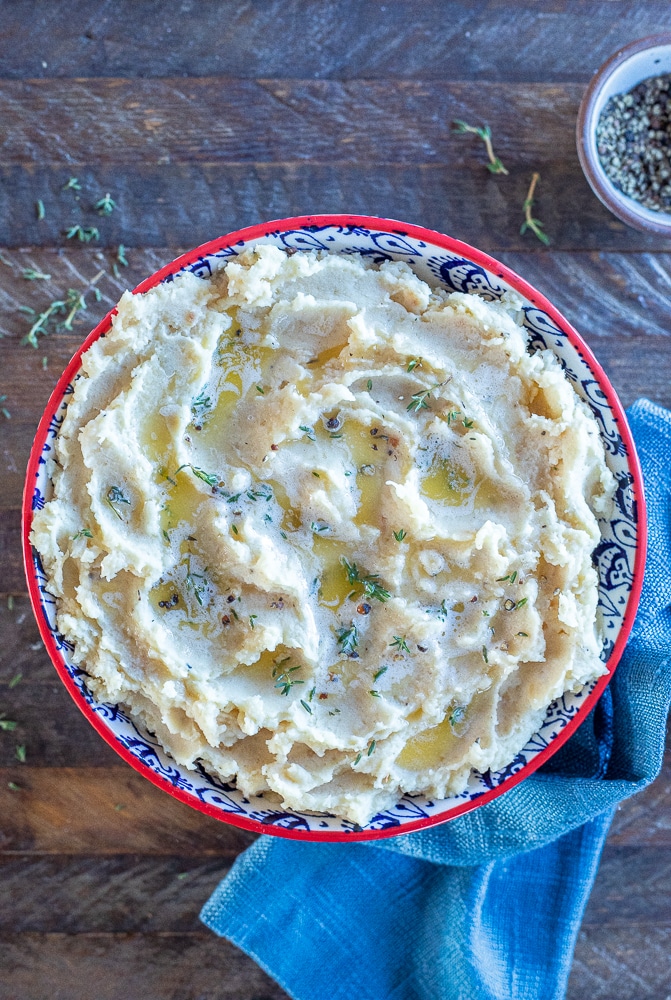 caramelized onion and goat cheese mashed potatoes in a big bowl for thanksgiving dinner