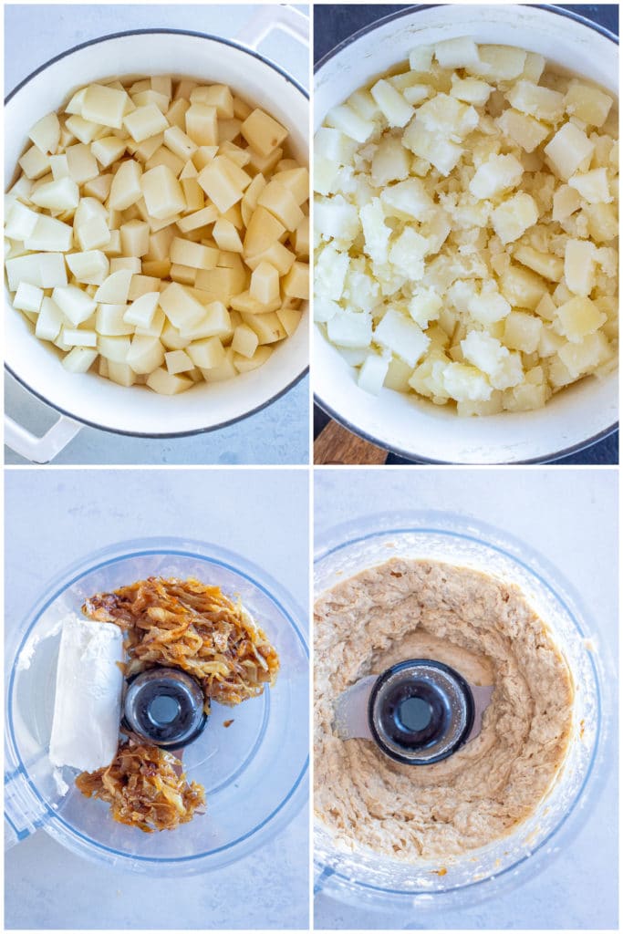 showing how to make mashed potatoes with caramelized onions and goat cheese