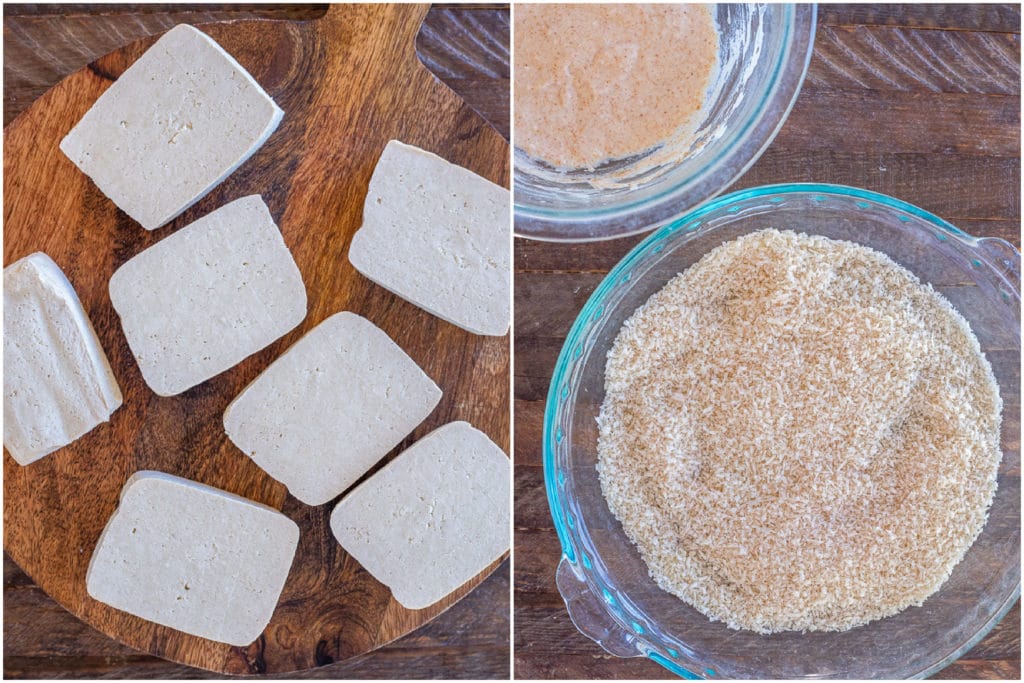 showing how to make crispy fried tofu steaks with sliced tofu, panko and batter