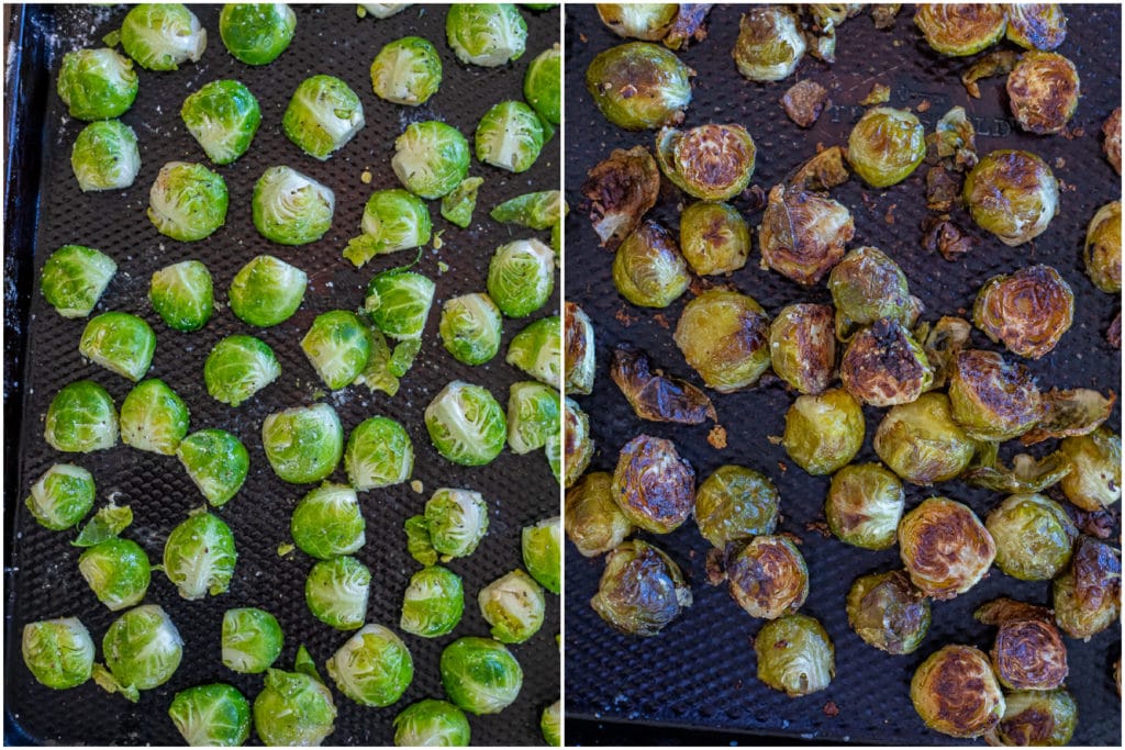 lemon pepper Brussels sprouts before and after they've been roasted