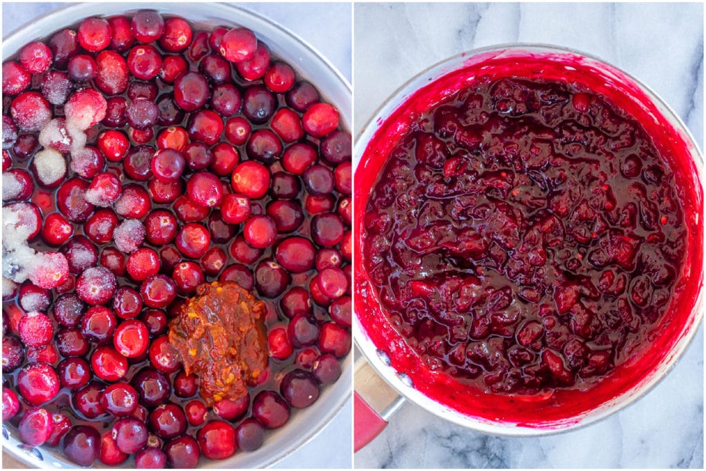 homemade cranberry sauce before and after it has been cooked