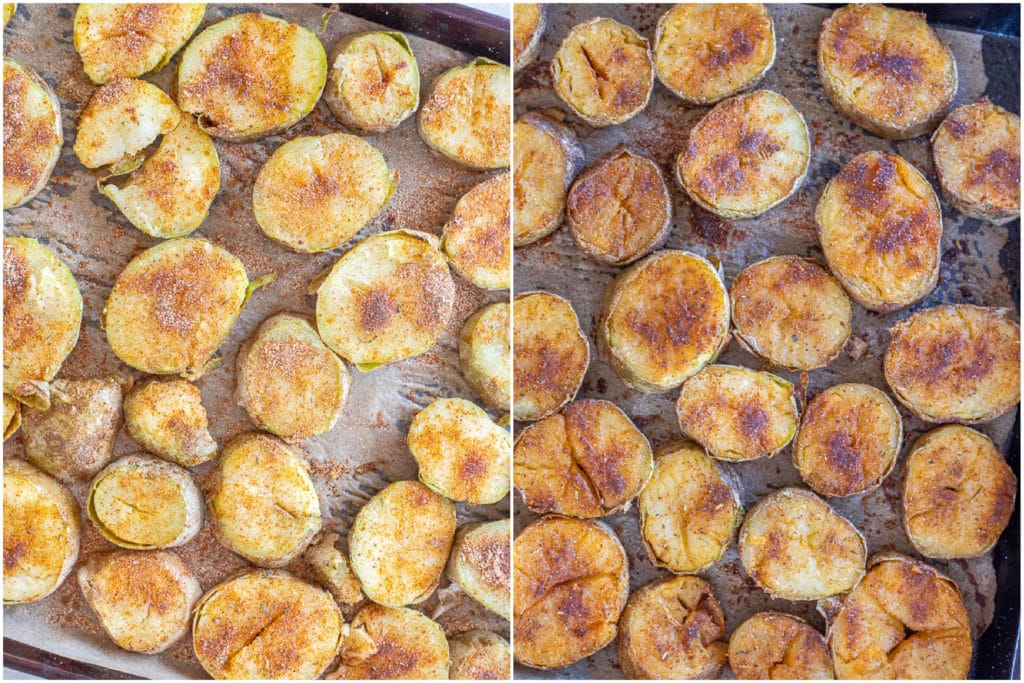 roasted blackened potatoes before and after they've been cooked