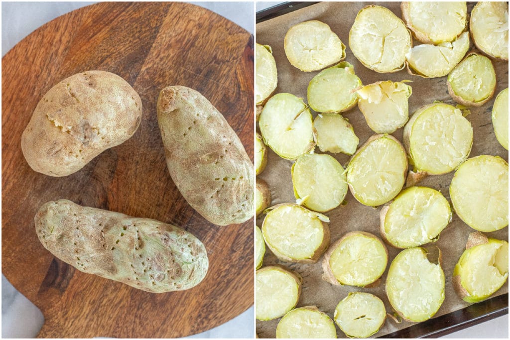 showing how to make blackened potatoes by cooking the potatoes and then slicing them up