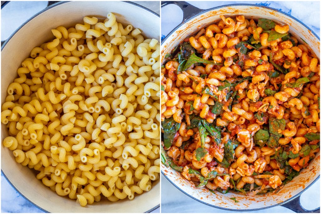 showing how to make baked feta pasta with spinach