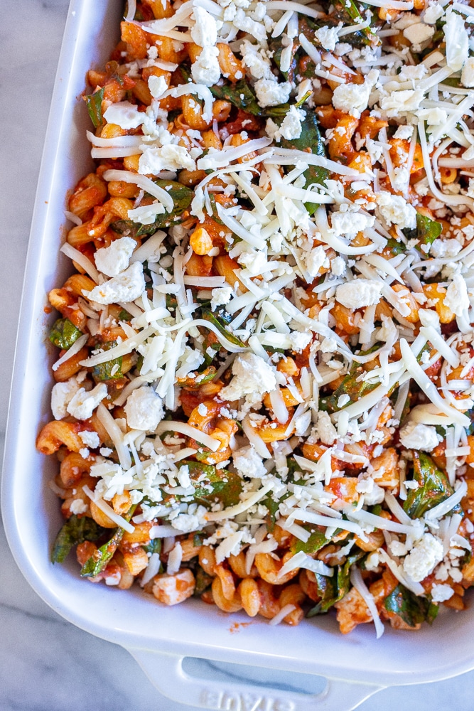 Baked feta pasta before it goes in the oven