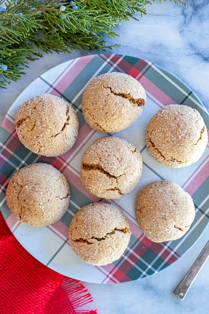 non-dairy chewy maple cookies on a Christmas plate