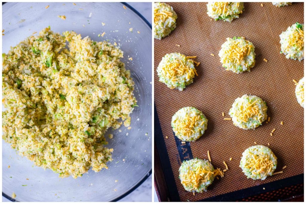 showing how to make cheesy rice casserole bites with the mixture being shaped into small bites