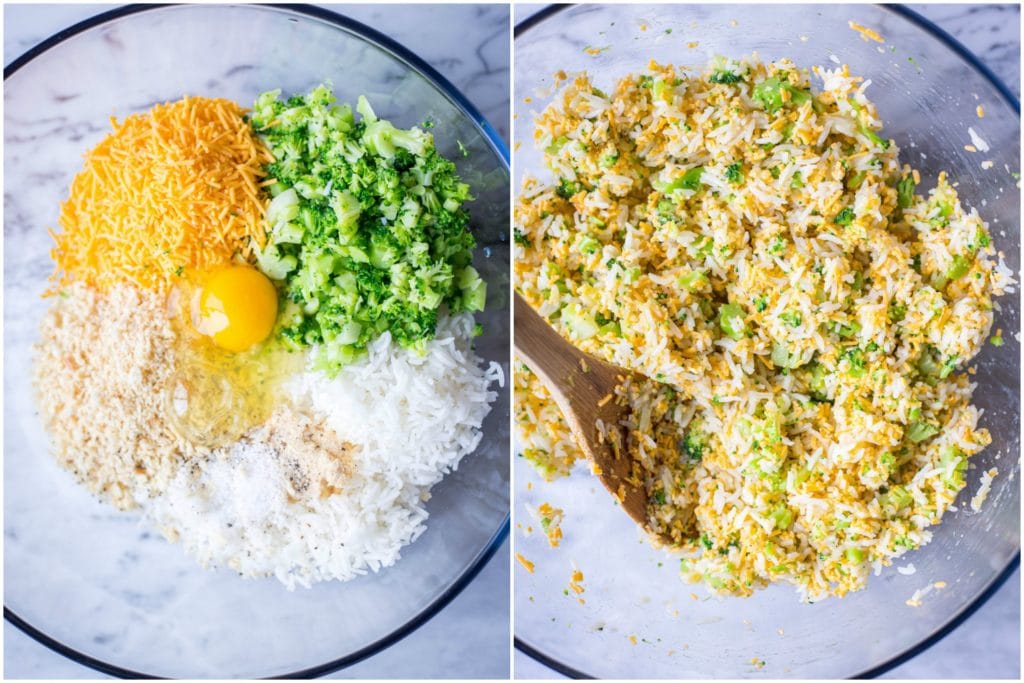 showing how to make cheesy rice casserole bites with the mixture before it's been baked