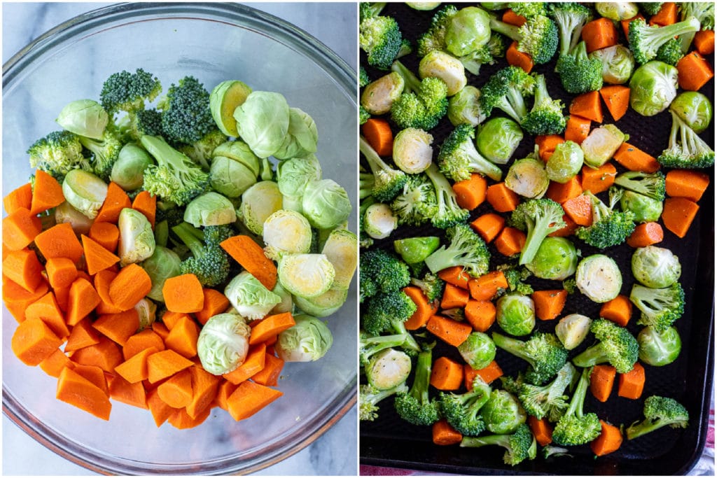 how to make easy roasted vegetables with carrots, broccoli and Brussels sprouts
