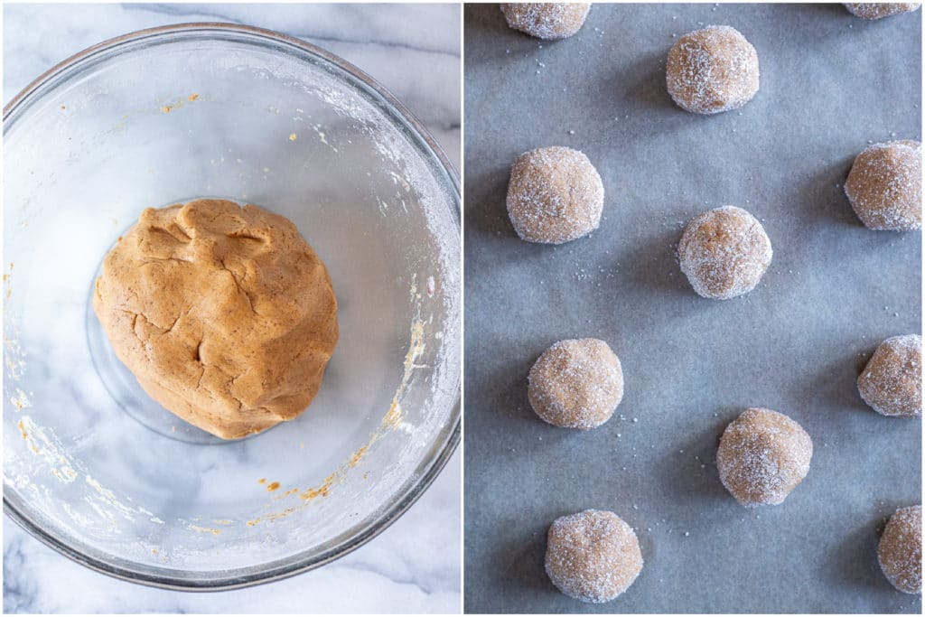 thick and chewy maple cookie dough in a ball and then formed into small balls and rolled in sugar