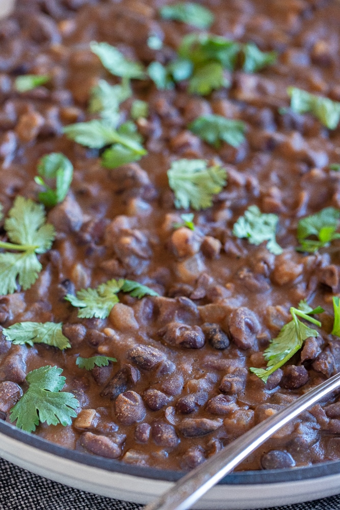 close up of flavored black beans in a pot