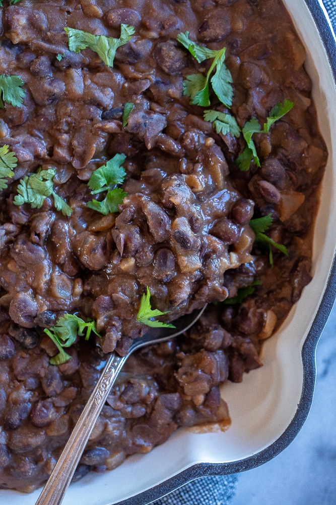 Mexican black beans on a spoon