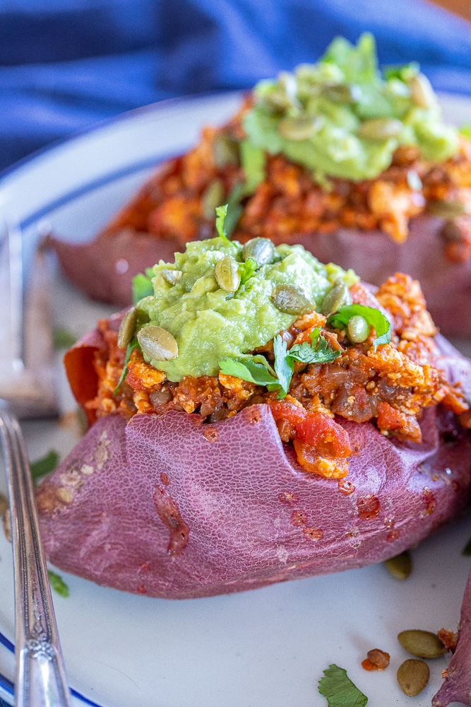 close up of a vegan sloppy Joe stuffed sweet potato