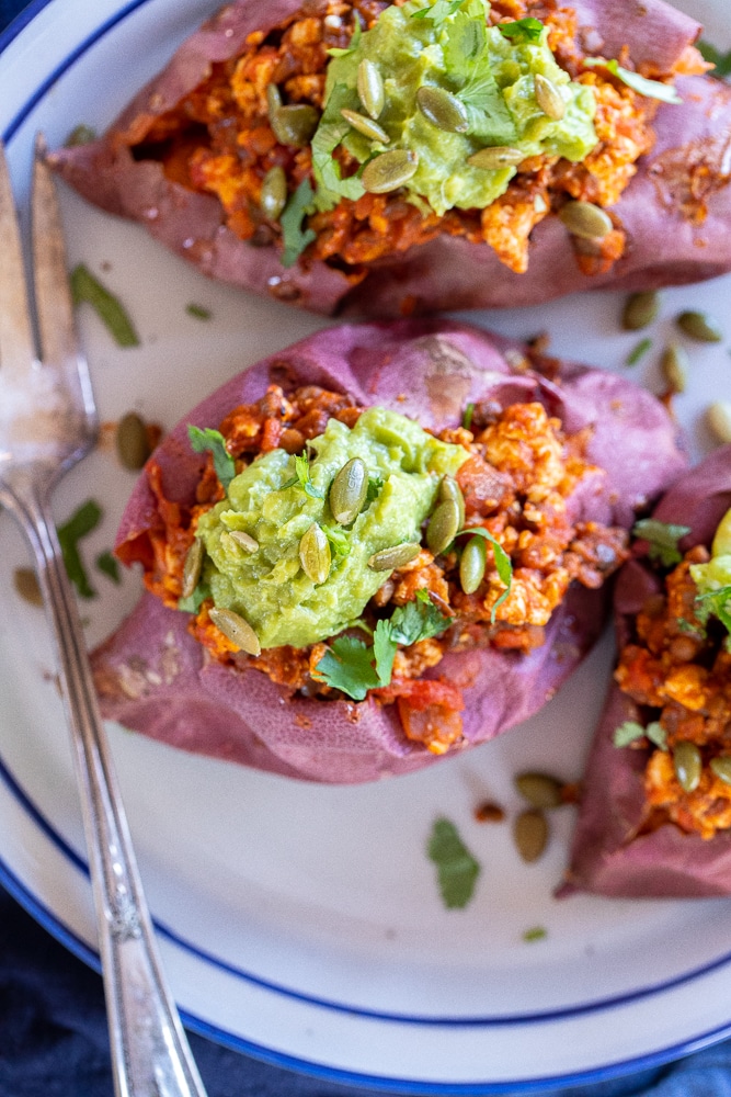 close up of a sloppy Joe stuffed sweet potato