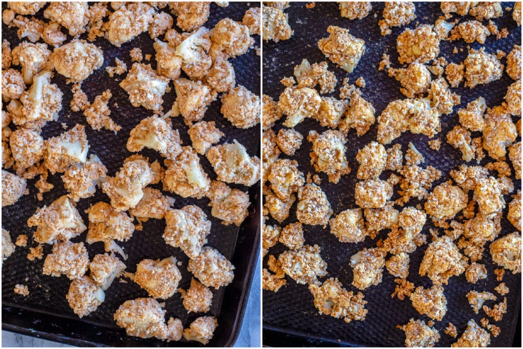 crispy cauliflower before and after it has been baked