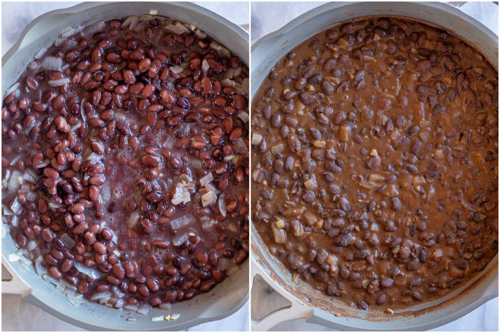 Mexican style black beans in a pan before and after they've been cooked