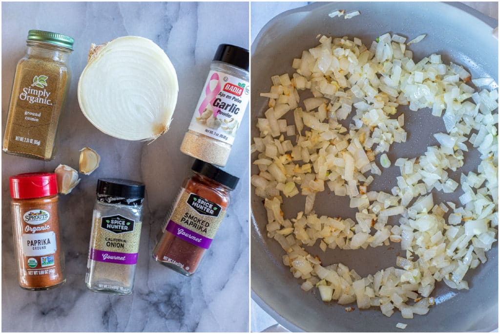 showing how to make Mexican style black beans with all the spices and cooked onions