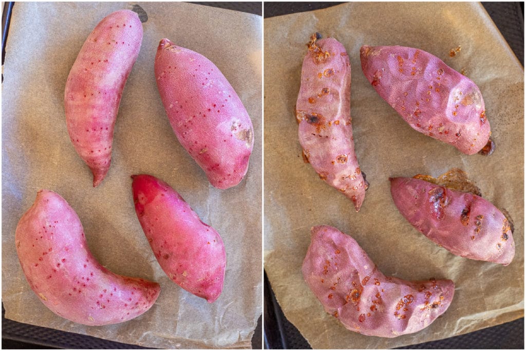 showing how to make roasted sweet potatoes in the oven