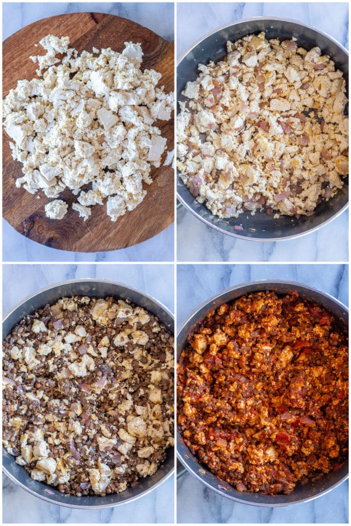 showing how to make vegan sloppy Joe mixture with tofu and lentils