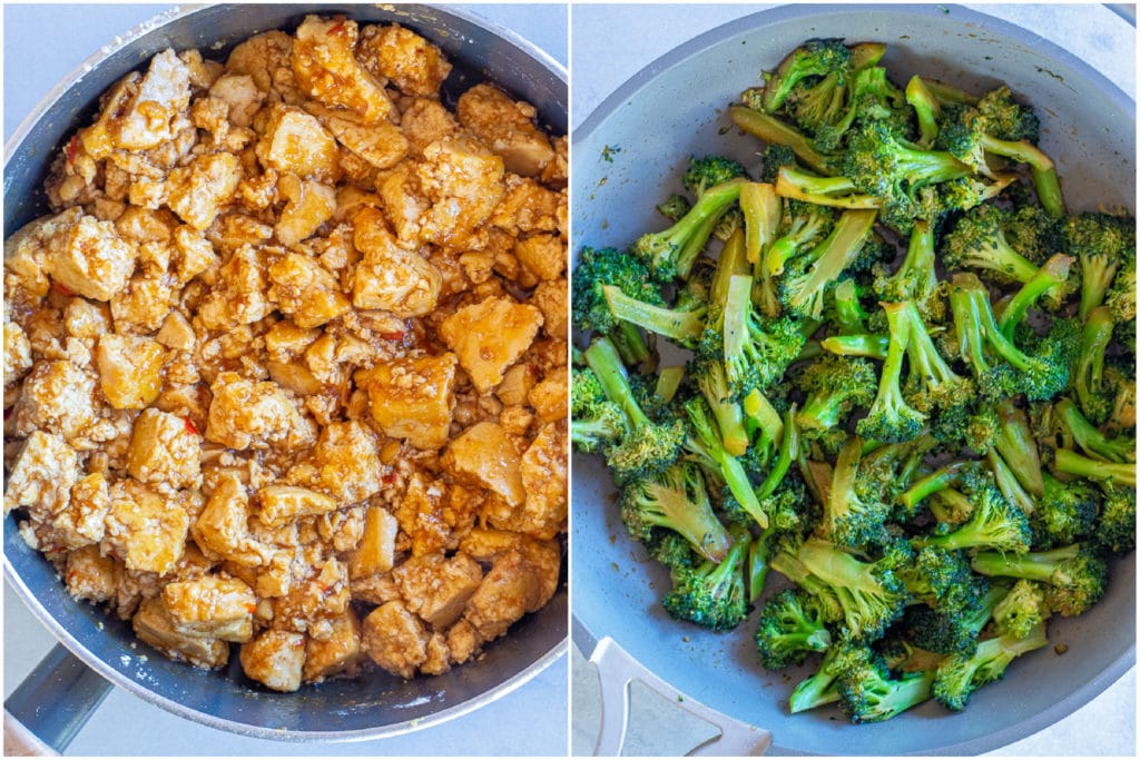 cooked tofu in the chili sauce on the left and cooked broccoli on the right