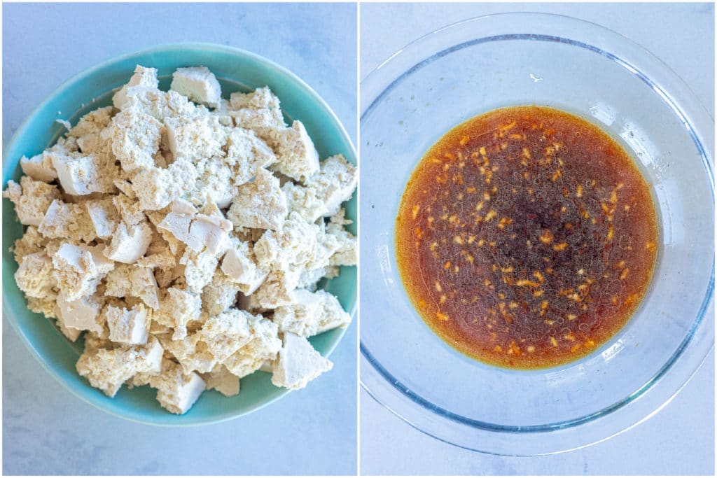 showing how to make these tofu bowls by chunking the tofu and making the chili sauce