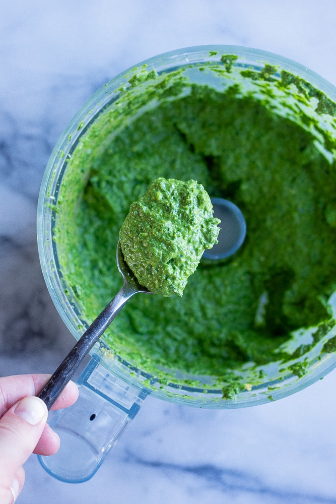 close up of a spoonful of vegan pesto sauce from the food processor