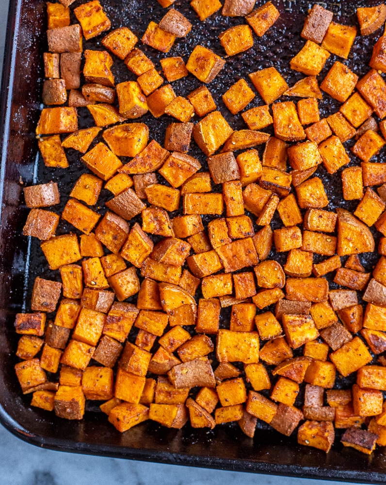 Tray of roasted sweet potato