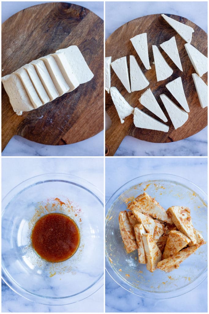 showing how to cut and marinate the BBQ tofu before adding to the sheet pan