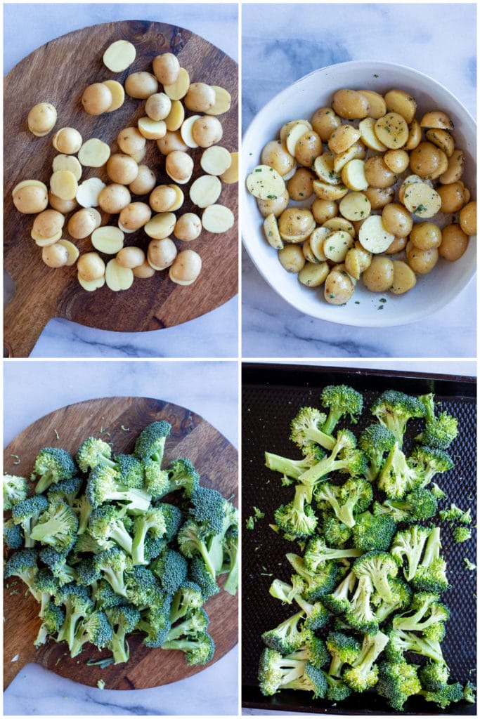 showing how to prepare the potatoes and broccoli for roasting