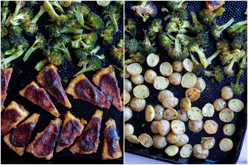 Sheet Pan BBQ Tofu with broccoli and potatoes after it has been cooked