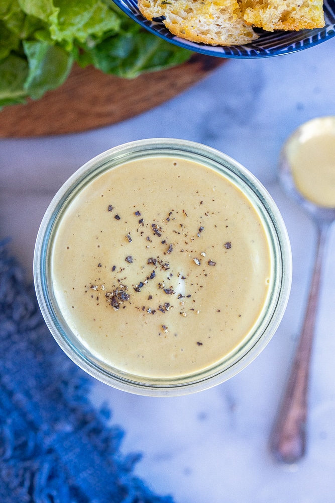 close up of caesar dressing with tahini