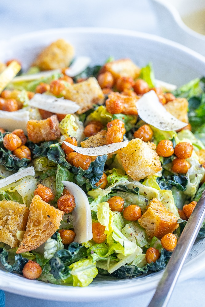 close up of a vegan Caesar salad in a bowl