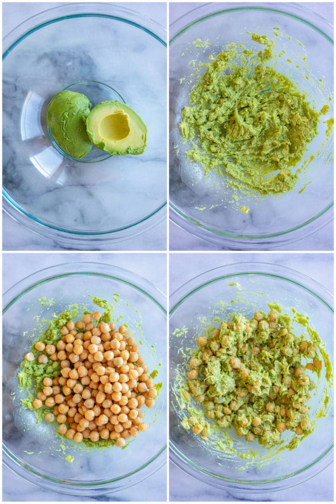 showing how to make smashed chickpea salad with avocado and pesto