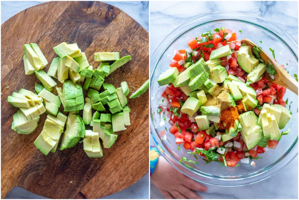 avocado diced up and added to the chunky avocado salsa bowl