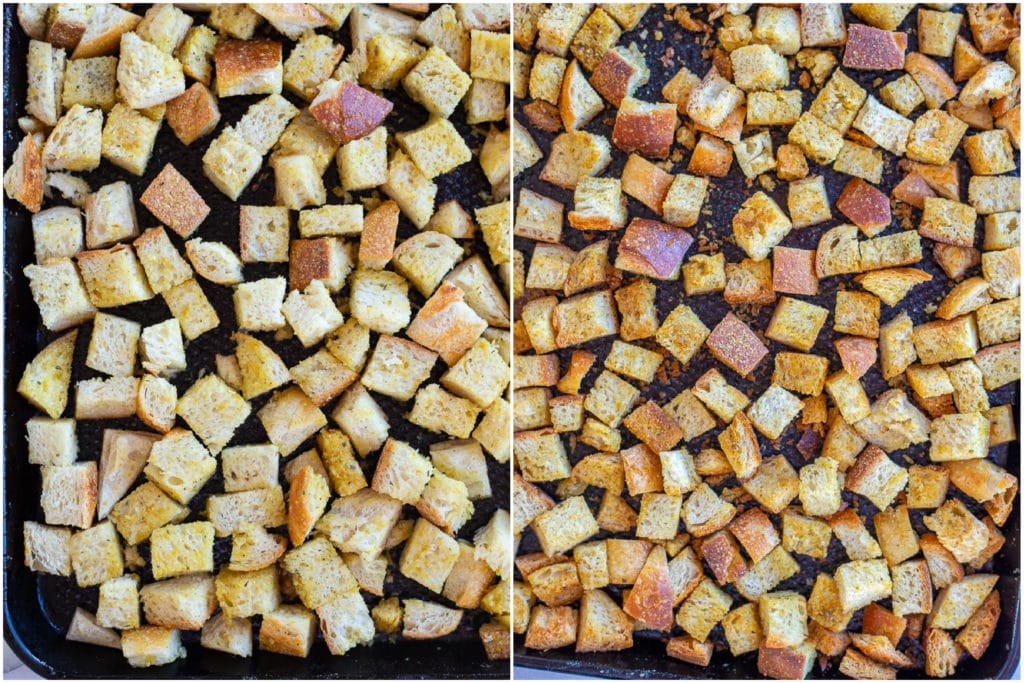 a pan of croutons before and after they've been baked in the oven until crispy