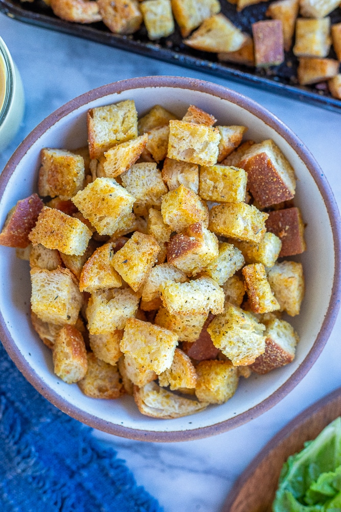a bowl of easy homemade croutons