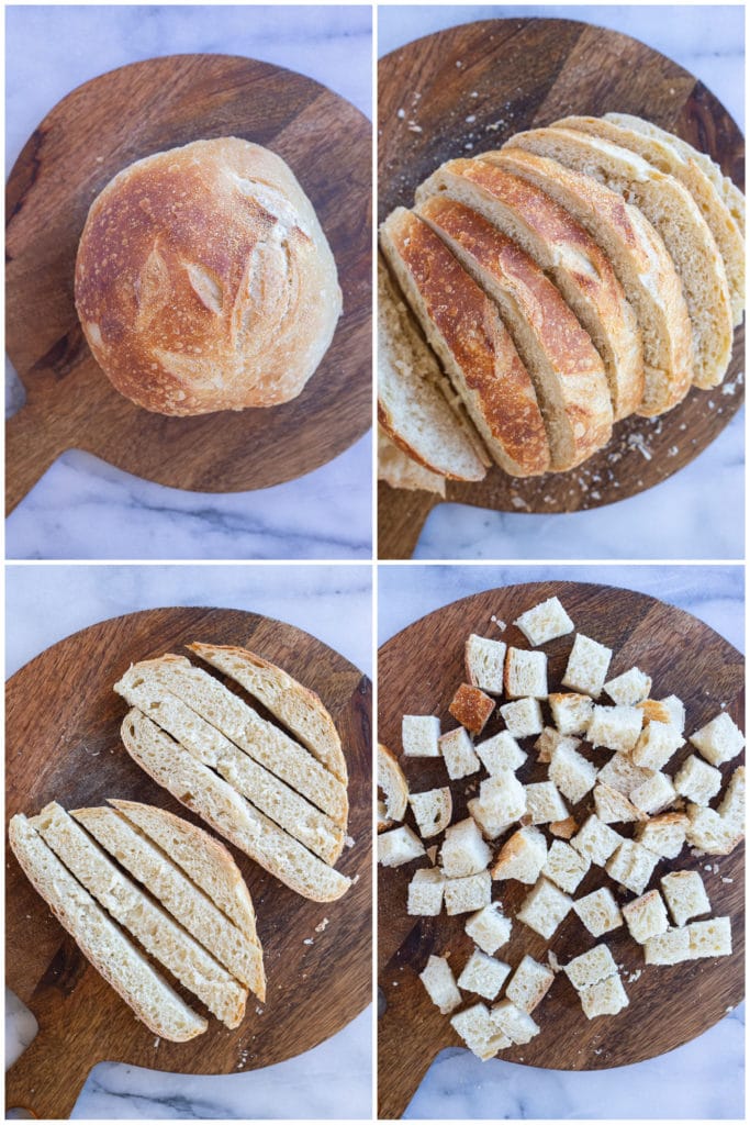 showing how to cut your bread loaf into croutons with 3 easy steps