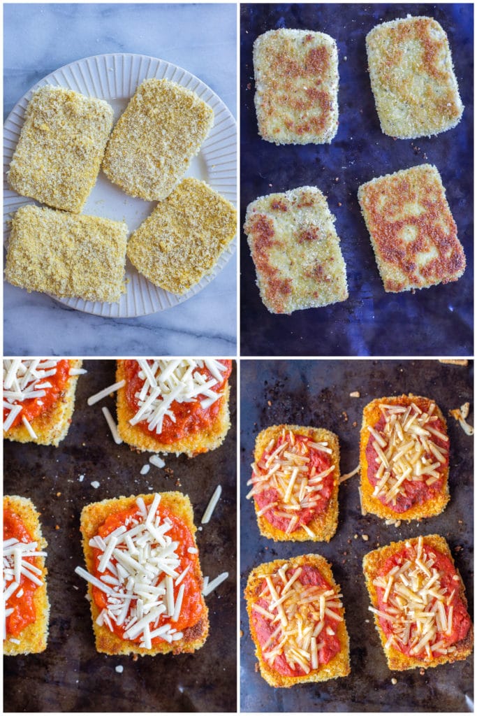 step by step photos showing how to make vegan tofu parmesan recipe
