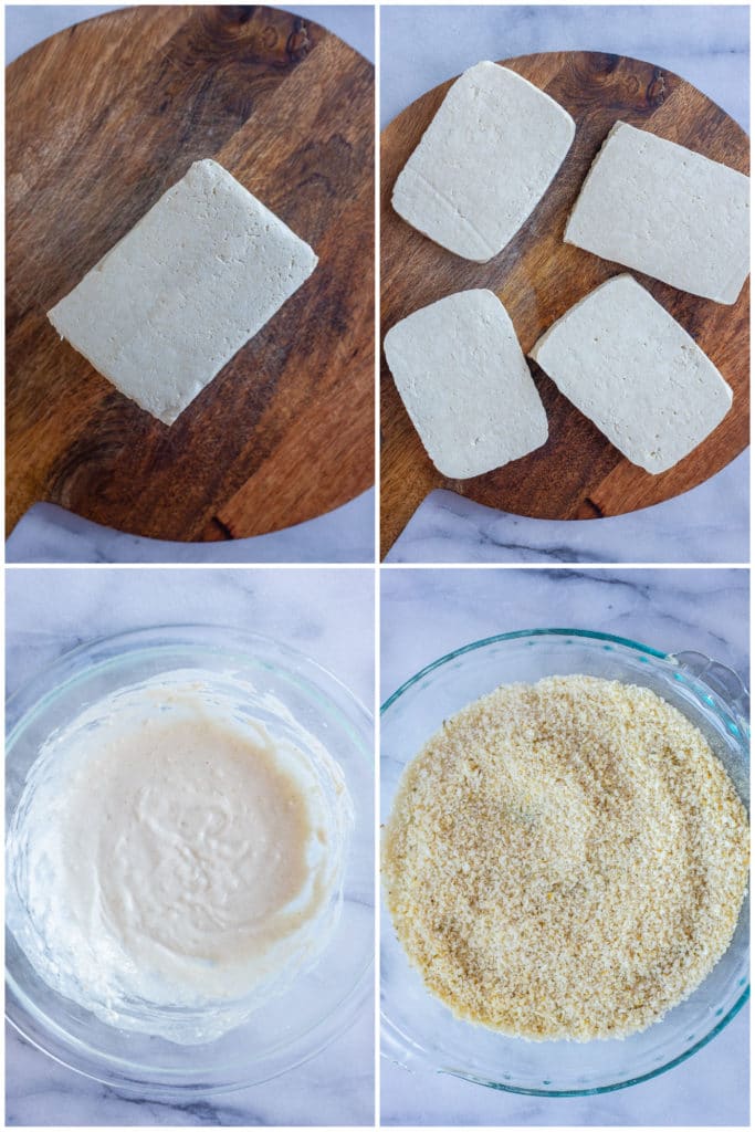 showing step by step how to make vegan chicken parmesan by slicing the tofu, making the batter and panko mixture